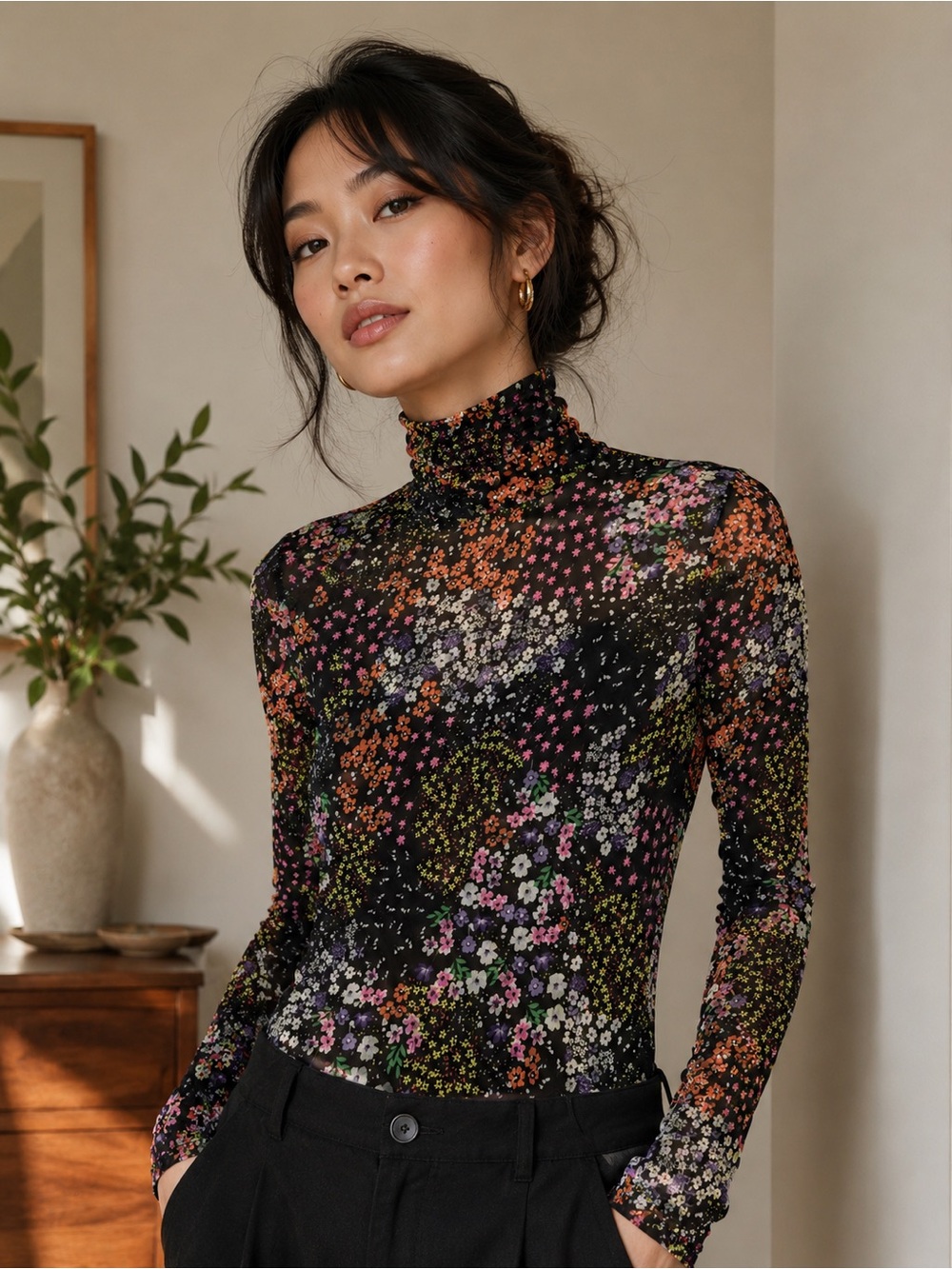 AFRM Black Multi Floral Mock-Neck Long Sleeve Top